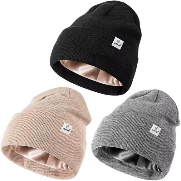 3 Pack Unisex Satin Lined Winter Beanie Hat Silk Lined Knit Soft Cuffed Hat main image 5